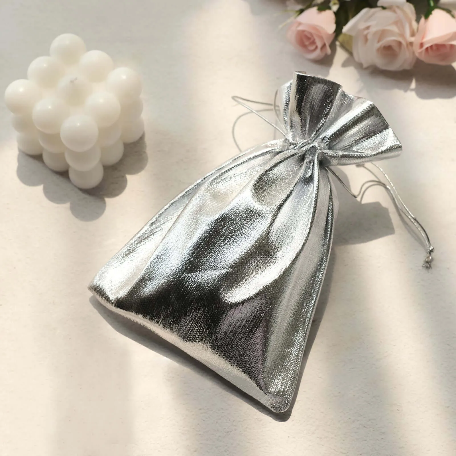 10 Pack Metallic Silver Lame Polyester Party Favor Gift Bags, Shiny Fabric Drawstring Candy Pouch 5"x7"