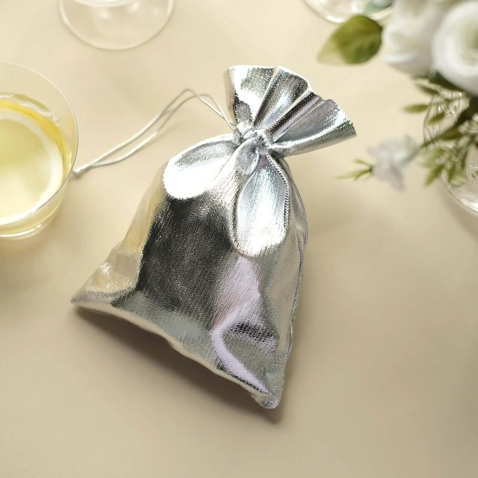 10 Pack Metallic Silver Lame Polyester Party Favor Gift Bags, Shiny Fabric Drawstring Candy Pouch 5"x7"