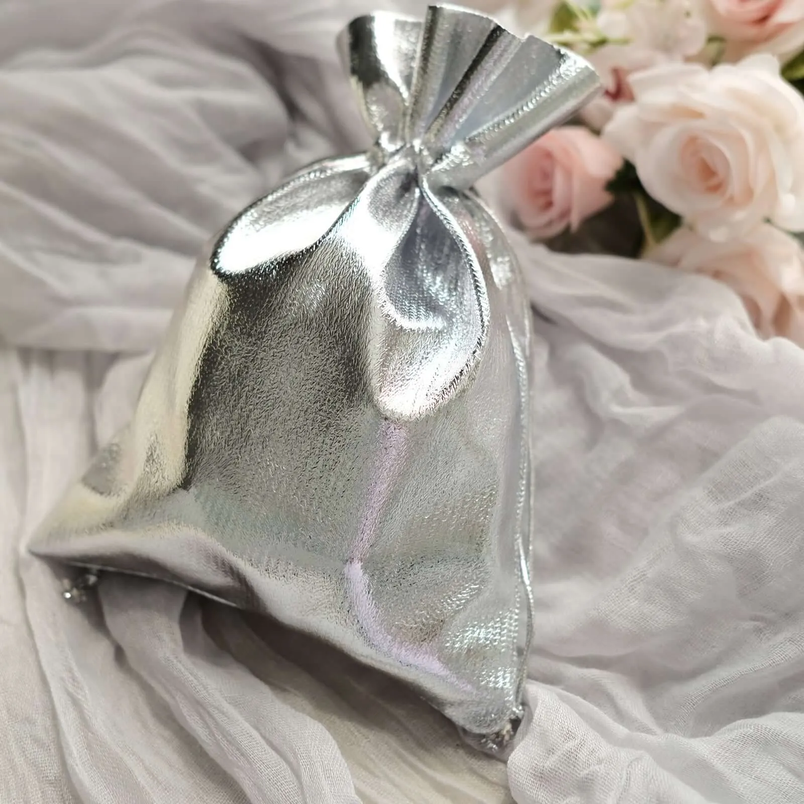 10 Pack Metallic Silver Lame Polyester Party Favor Gift Bags, Shiny Fabric Drawstring Candy Pouch 5"x7"