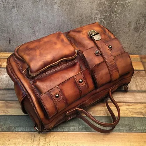 14" Mens Womens Vintage Leather Black Handbag Brown Messenger Bag Red Side Shoulder Bag for Women