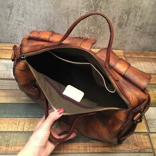 14" Mens Womens Vintage Leather Black Handbag Brown Messenger Bag Red Side Shoulder Bag for Women