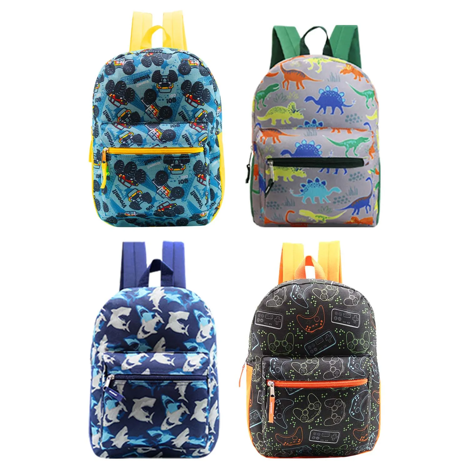 15" Kids Basic Wholesale Backpack in 4 Assorted Prints - Bulk Case of 24