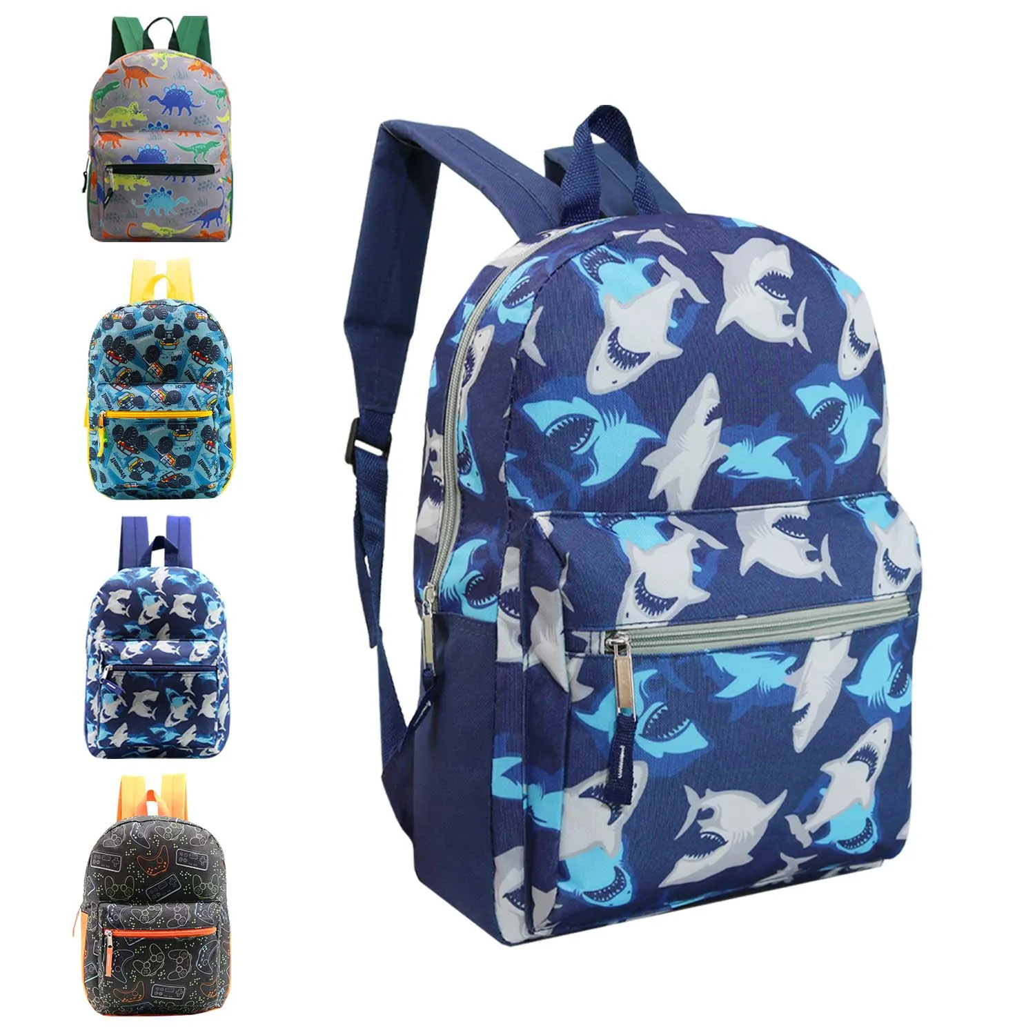 15" Kids Basic Wholesale Backpack in 4 Assorted Prints - Bulk Case of 24