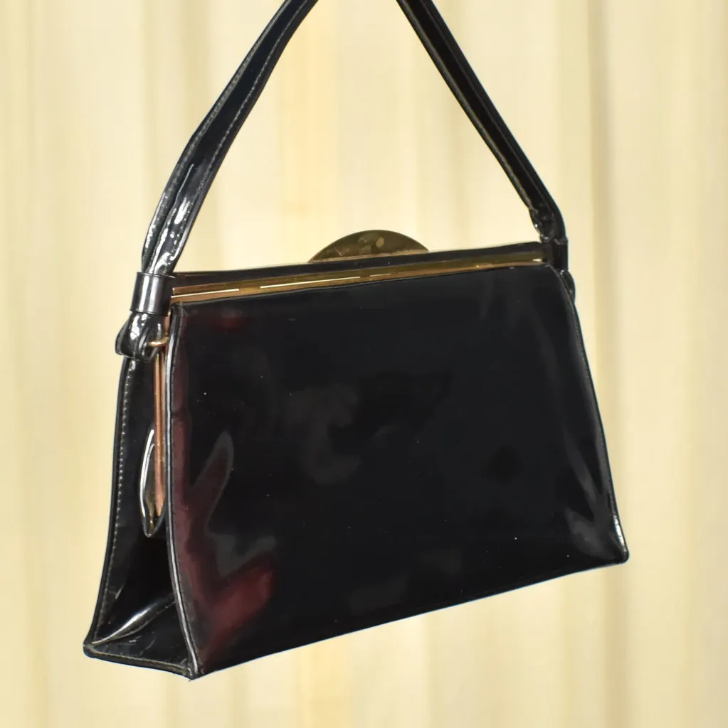 1950s Black Patent Gold Handbag