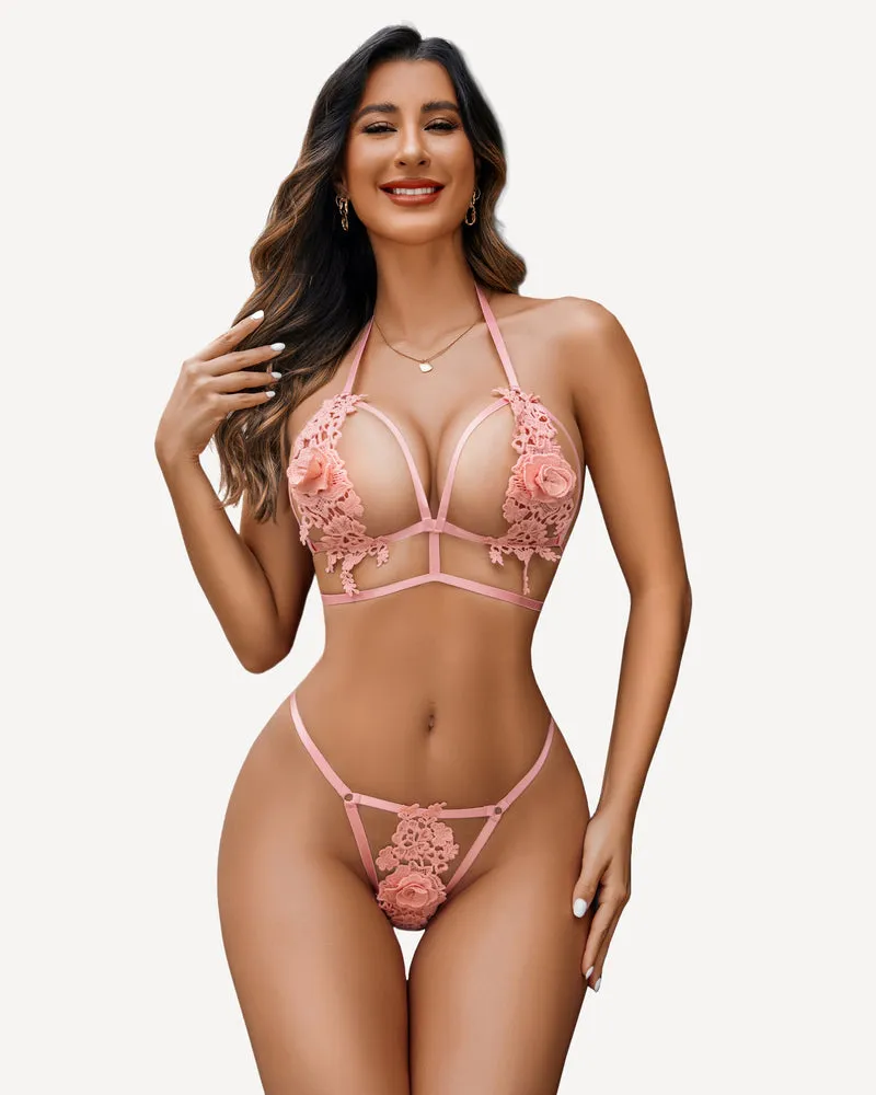 2 Piece Bra Panty Set Appliques Cut Out Outfits