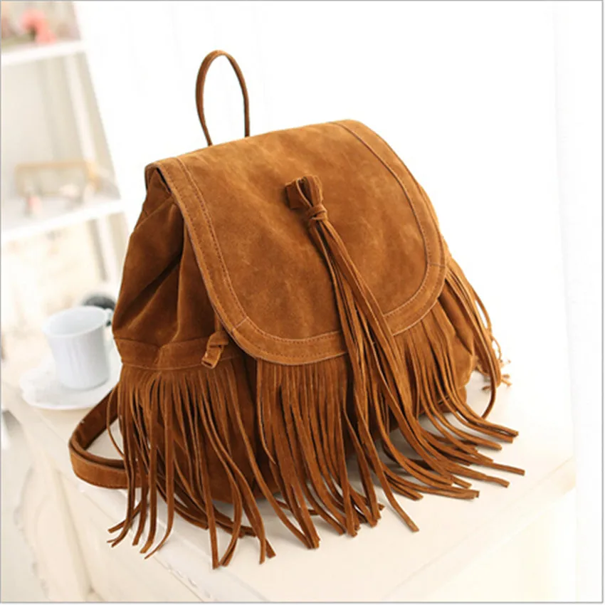 2023 New Western Women Tassel Backpacks Girls Vintage Suede Shoulder Bag