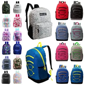 24 Pack of 17" Bungee Deluxe and Classic Design Wholesale Backpack in Assorted Colors and Prints  - Bulk Case of 24