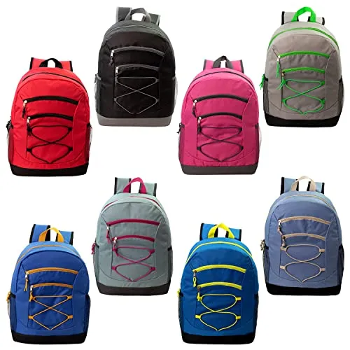 24 Pack of 17" Bungee Deluxe and Classic Design Wholesale Backpack in Assorted Colors and Prints  - Bulk Case of 24