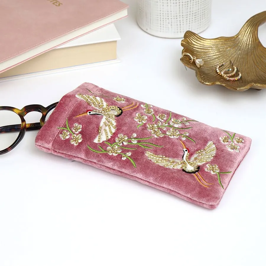 81563 Pink Crane Embroidered Glasses Purse By Pom