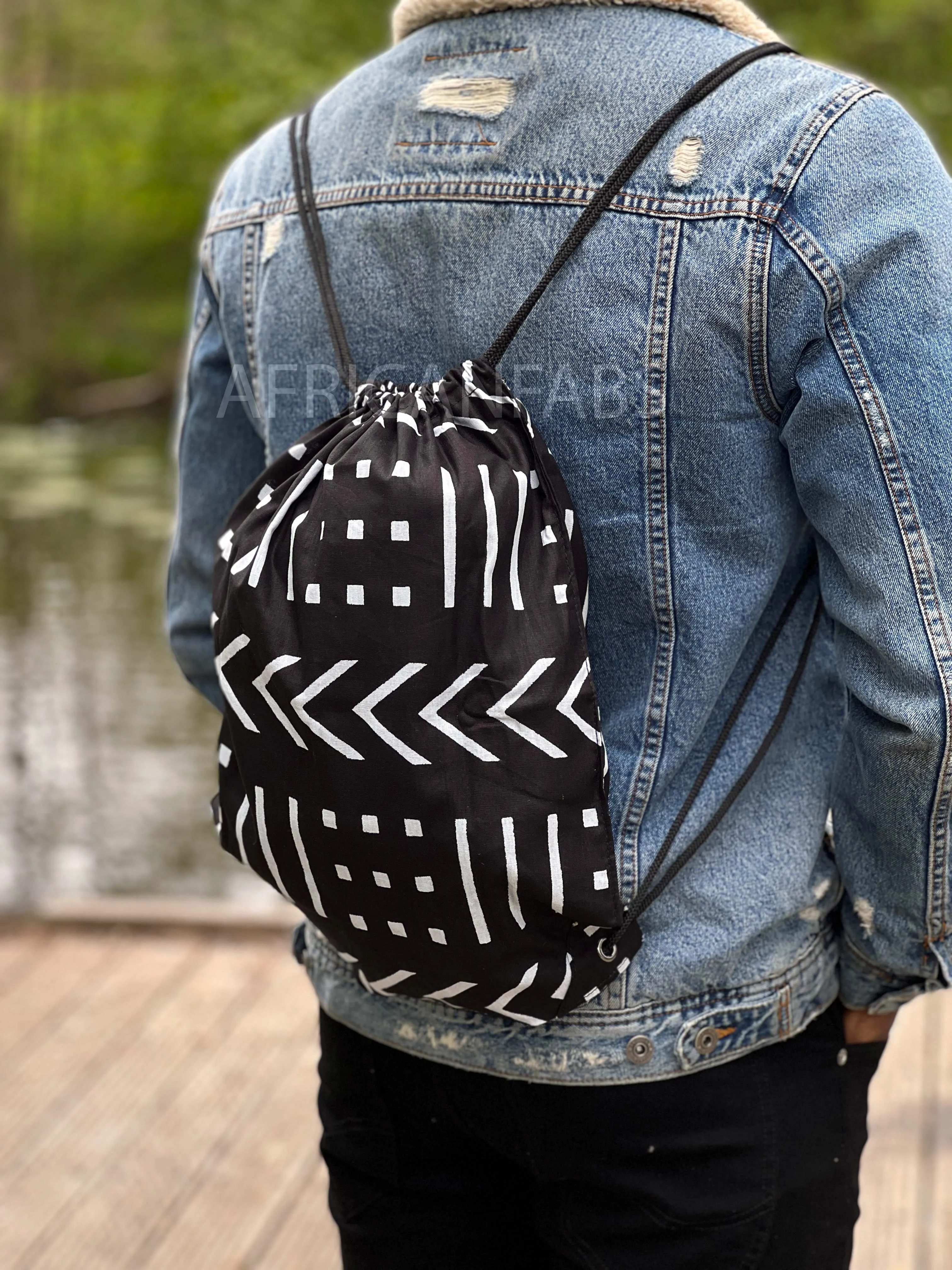 African Print Drawstring Bag / Gym Sack / School bag / Ankara Backpack / Festival Bag - Black white bogolan