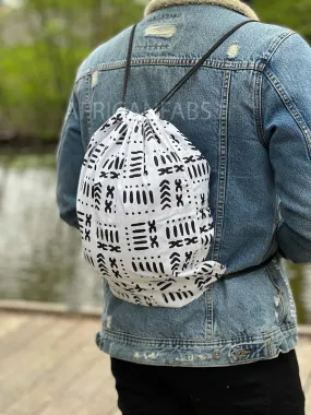 African Print Drawstring Bag / Gym Sack / School bag / Ankara Backpack / Festival Bag - White / black bogolan