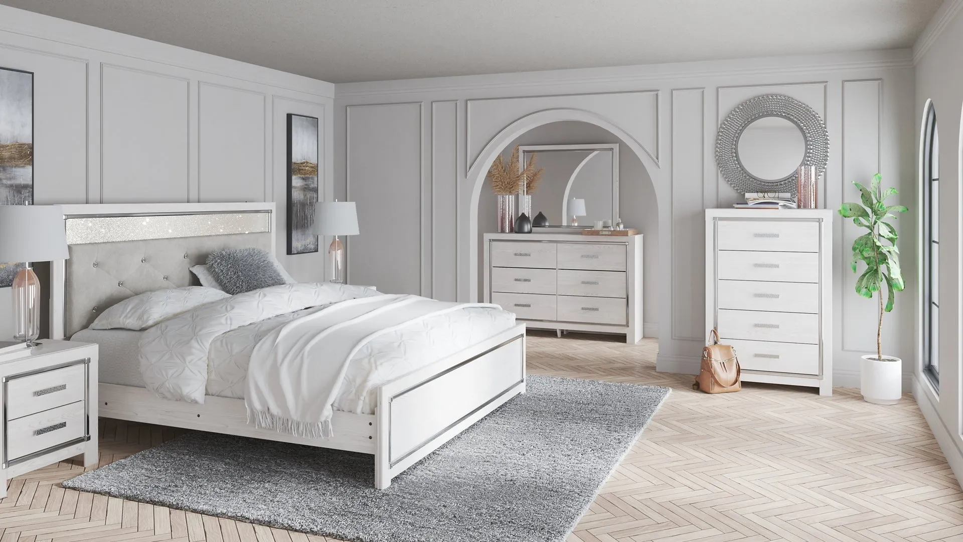 Altyra King Panel Bed with Mirrored Dresser, Chest and 2 Nightstands