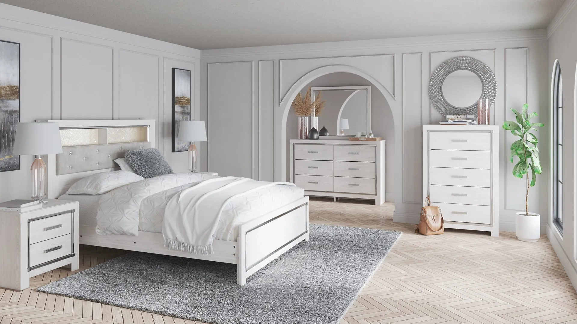 Altyra Queen Bookcase Headboard with Mirrored Dresser