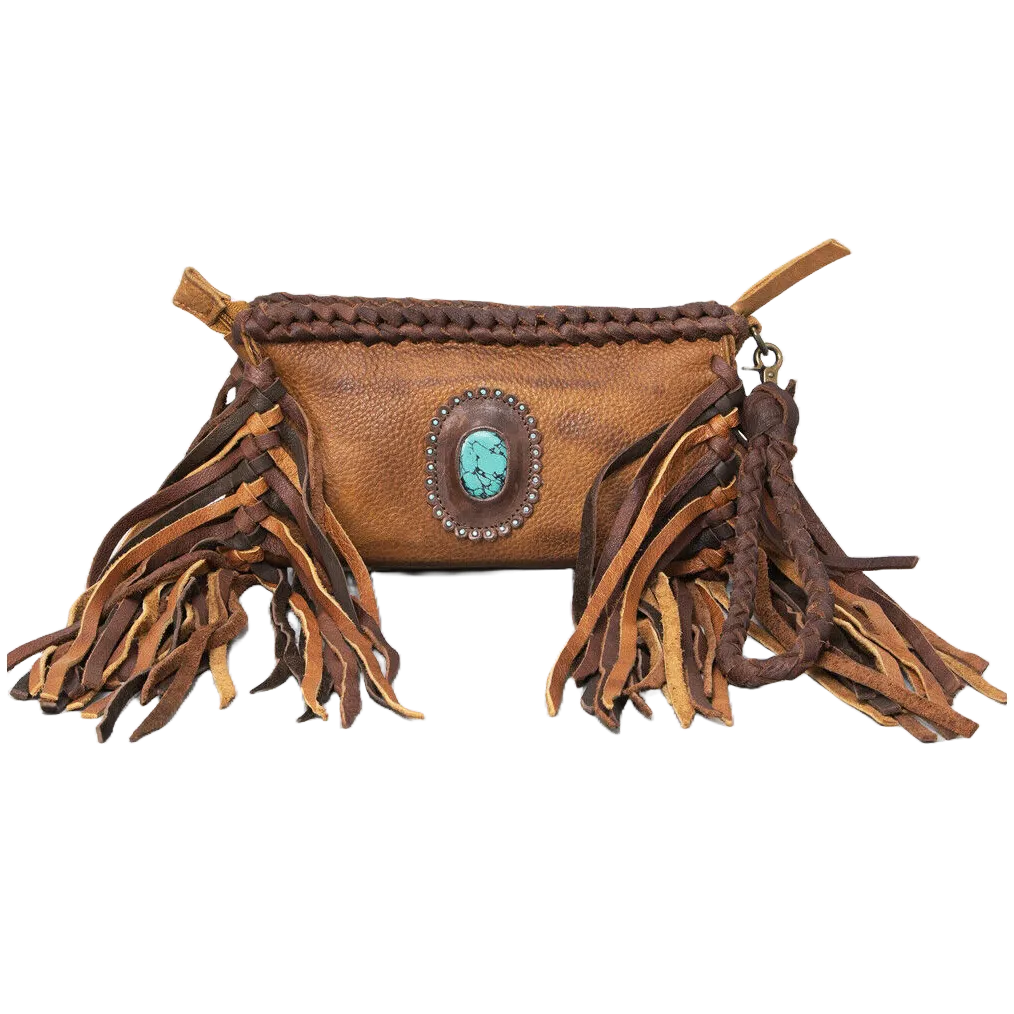 American Darling Turquiose Stone Fringed Brown Leather Clutch ADBGM271A