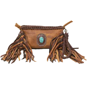 American Darling Turquiose Stone Fringed Brown Leather Clutch ADBGM271A