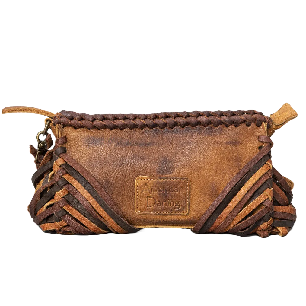 American Darling Turquiose Stone Fringed Brown Leather Clutch ADBGM271A