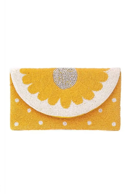 Bag015 Beaded Sunflower Clutch Yellow