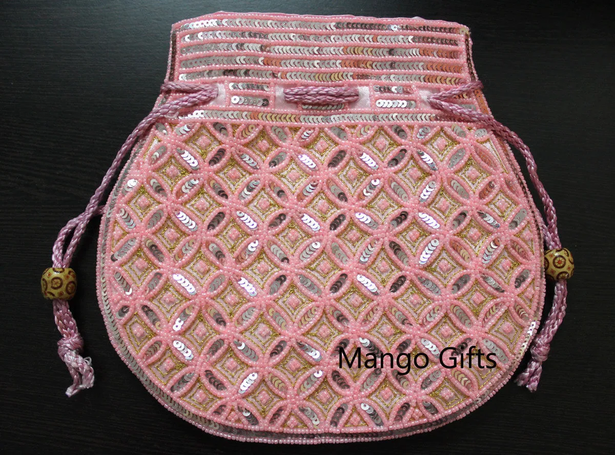 Beautiful Pink Handmade Indian Fashion Potli Bag with Sequins