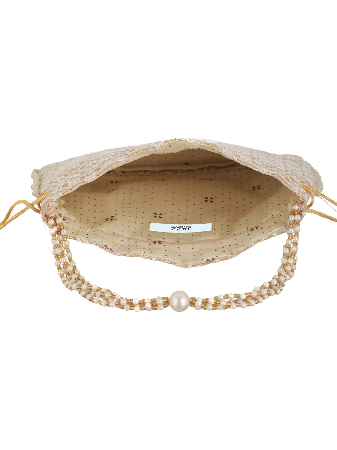 Beige & Gold-Toned Chikan Embroidered Work Potli Clutch