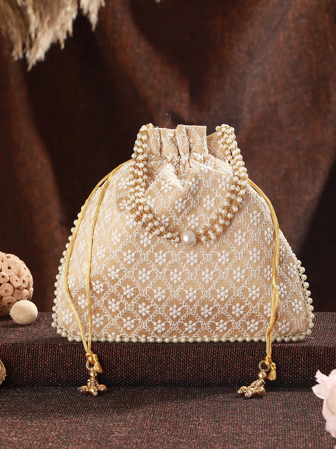 Beige & Gold-Toned Chikan Embroidered Work Potli Clutch