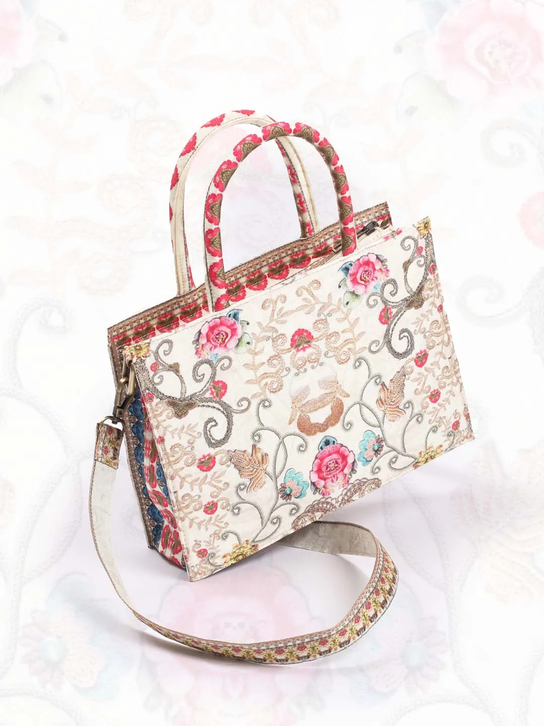 Beige Printed Crepe Handbag