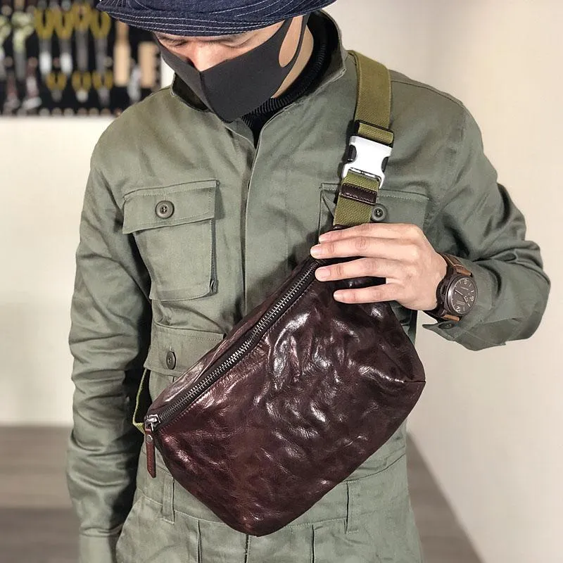 Black Cool Leather Men Fanny Pack Coffee Waist Bag Hip Pack Chest Bag Belt Bag Bumbag for Men