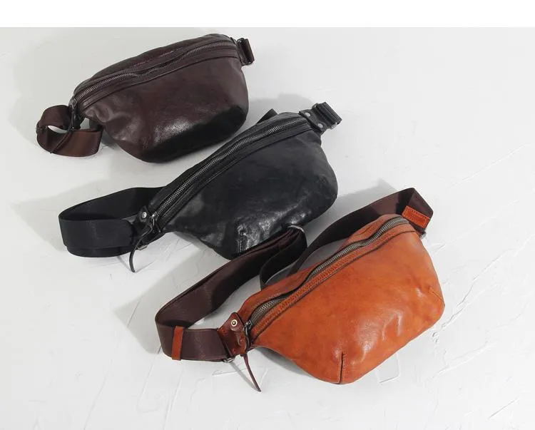 Black Cool Leather Men Small Fanny Pack Waist Bag Hip Pack Tan Belt Bag Bumbag for Men