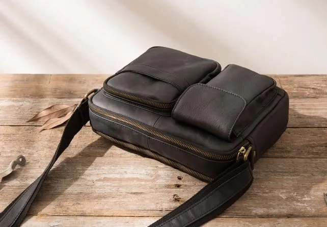 Black Cool Small Leather Mens Messenger Bags Shoulder Bags for Men