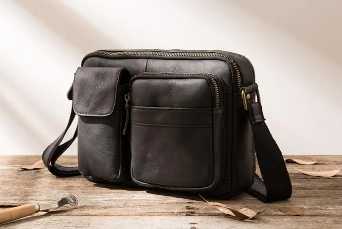 Black Cool Small Leather Mens Messenger Bags Shoulder Bags for Men