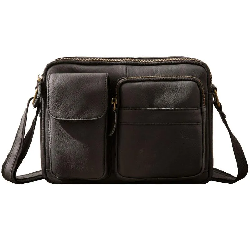 Black Cool Small Leather Mens Messenger Bags Shoulder Bags for Men