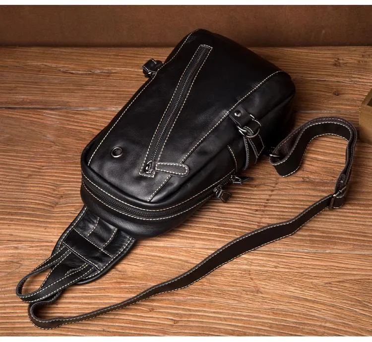 Black Leather Mens Cool Sling Bags Crossbody Pack Black Sling Pack Chest Bags for men