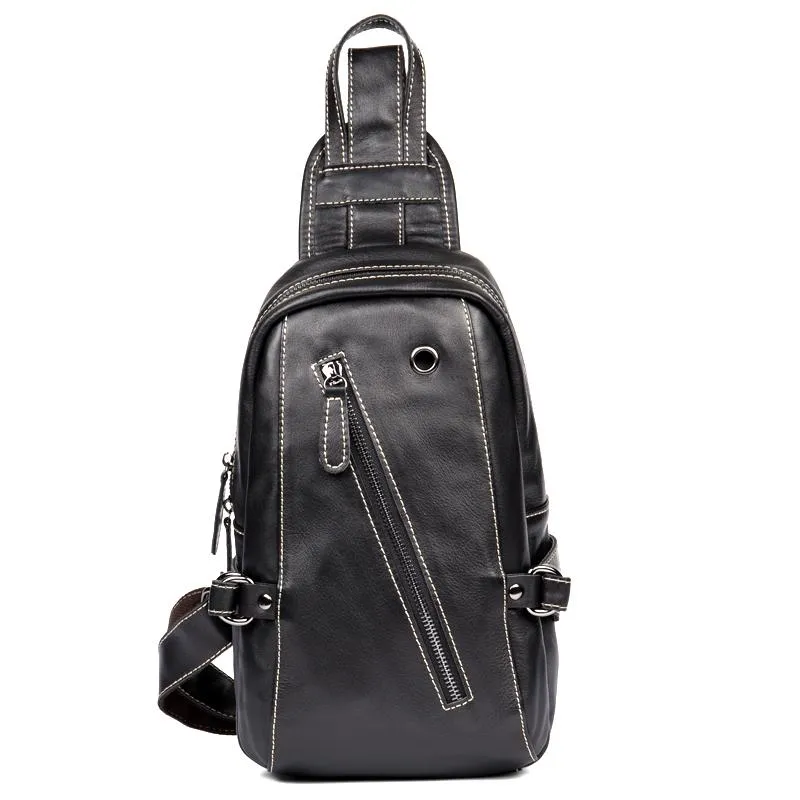 Black Leather Mens Cool Sling Bags Crossbody Pack Black Sling Pack Chest Bags for men