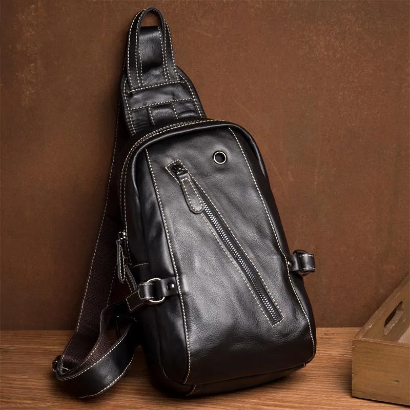 Black Leather Mens Cool Sling Bags Crossbody Pack Black Sling Pack Chest Bags for men