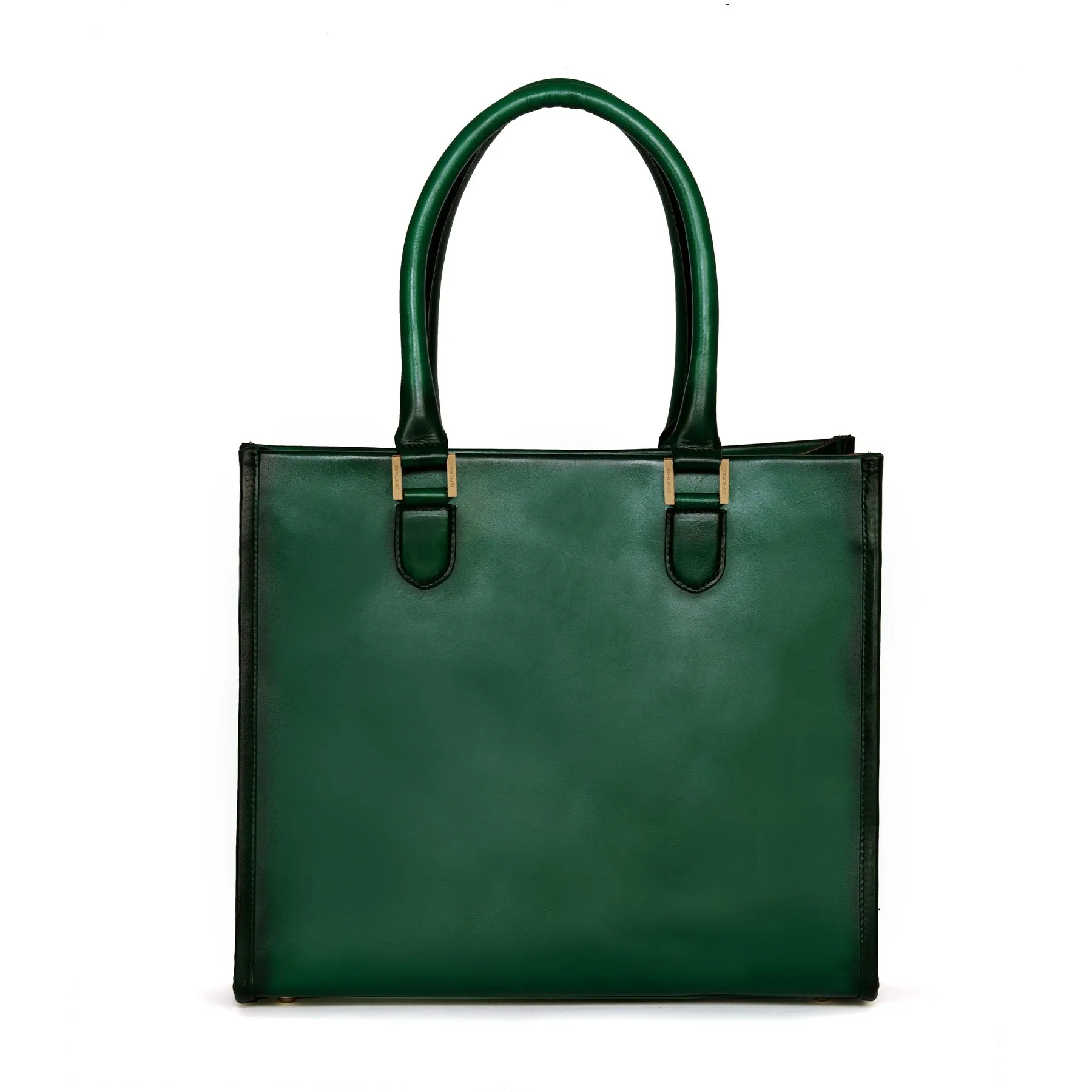 Button Opening Large Green Leather Hand Bag