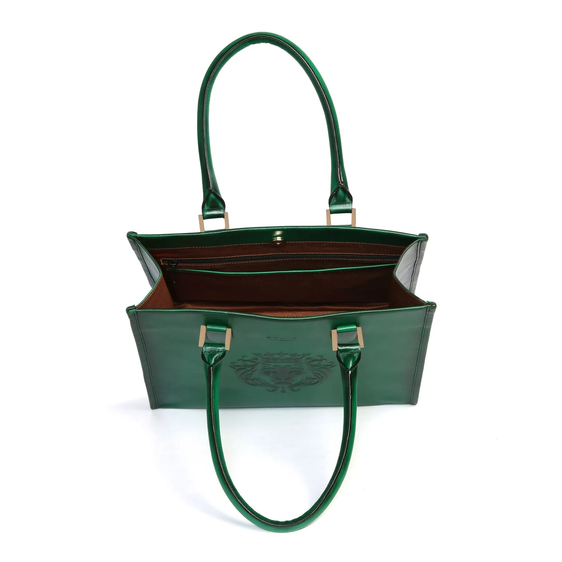 Button Opening Large Green Leather Hand Bag