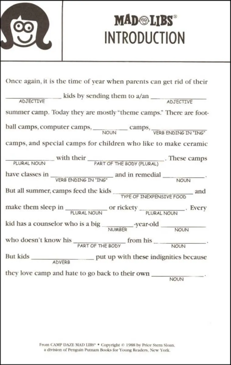 Camp Daze Mad Libs