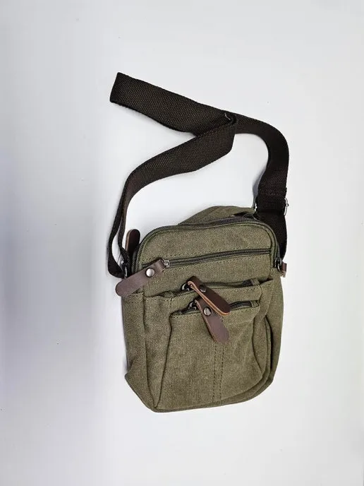 Canvas & Leather Shoulder Bag - Grey/ Blue/ Green/ Brown/ Camel