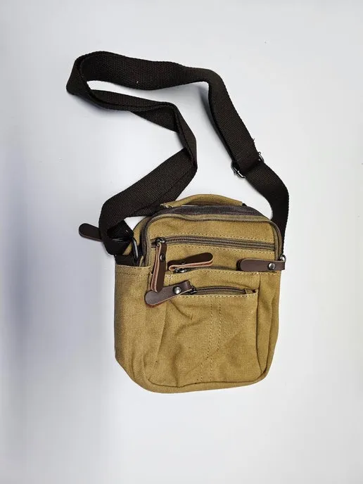 Canvas & Leather Shoulder Bag - Grey/ Blue/ Green/ Brown/ Camel