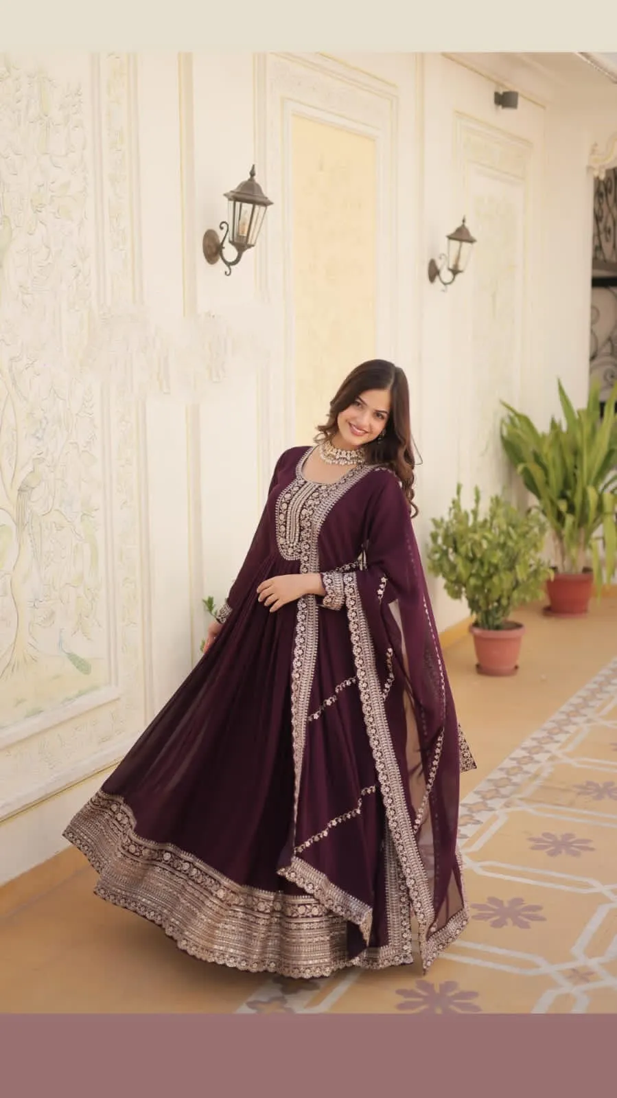 Embroidery Sequence Wedding wear Wine Women's Gown Dupatta Suit