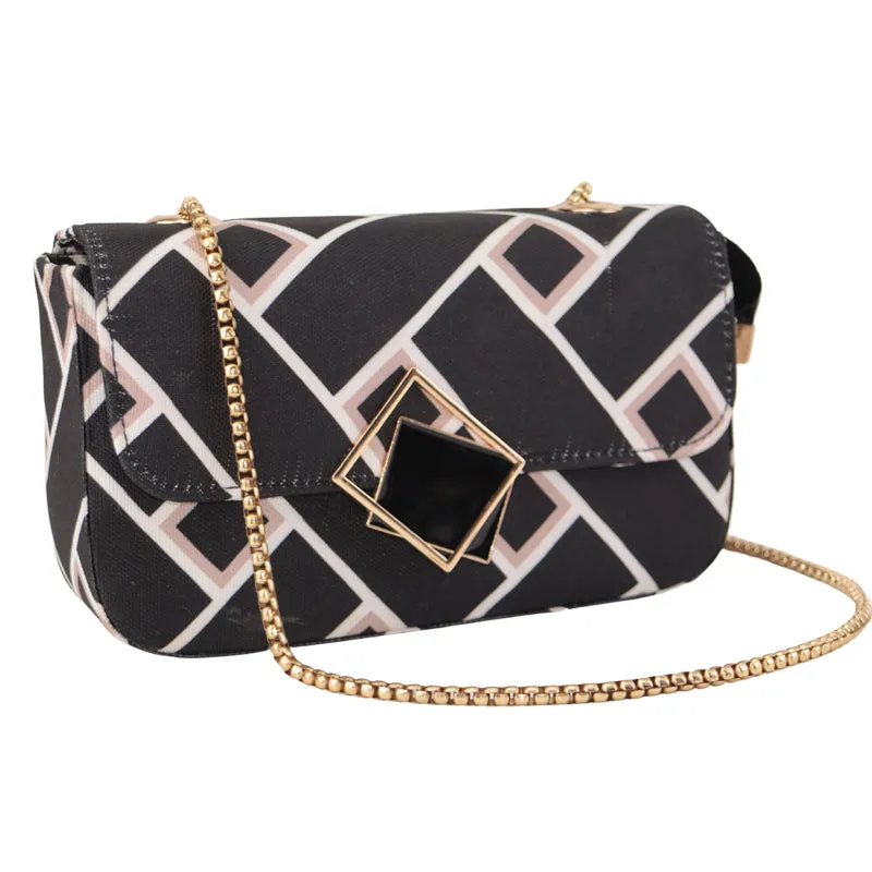 Geometric Crossbody Bag with Gold Chain and Black Square Buckle