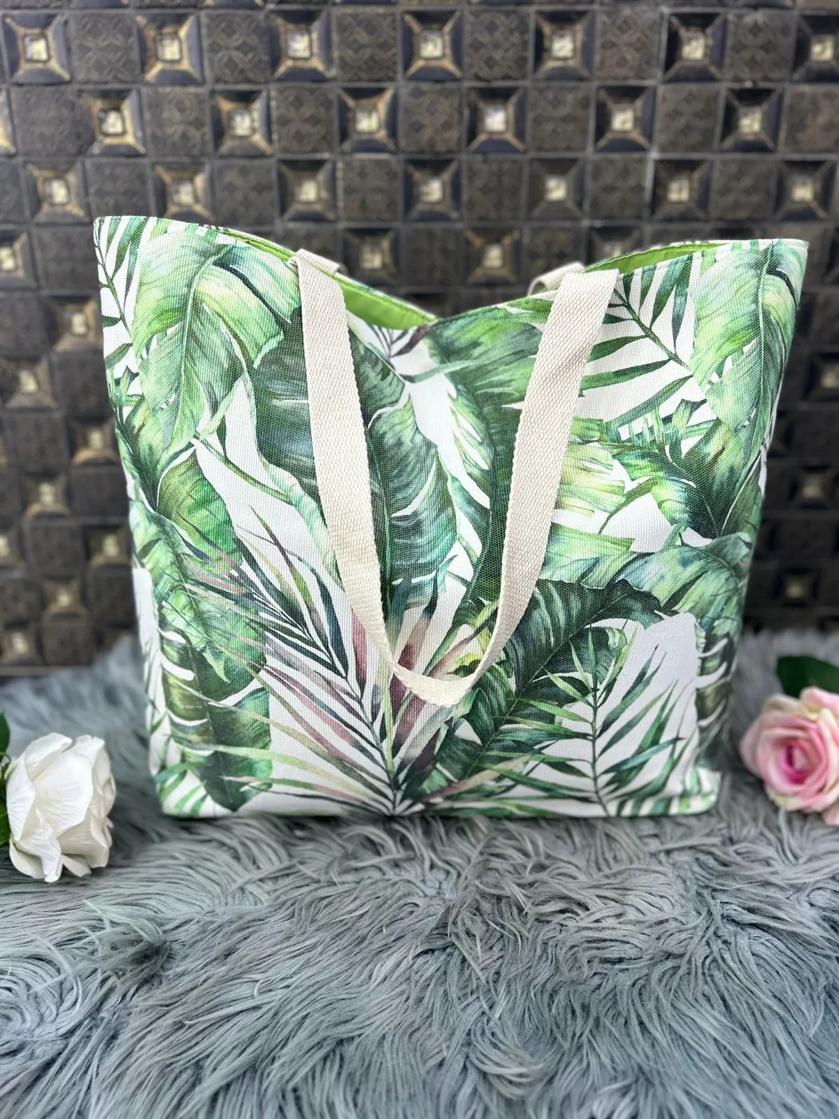 Green floral beach bags