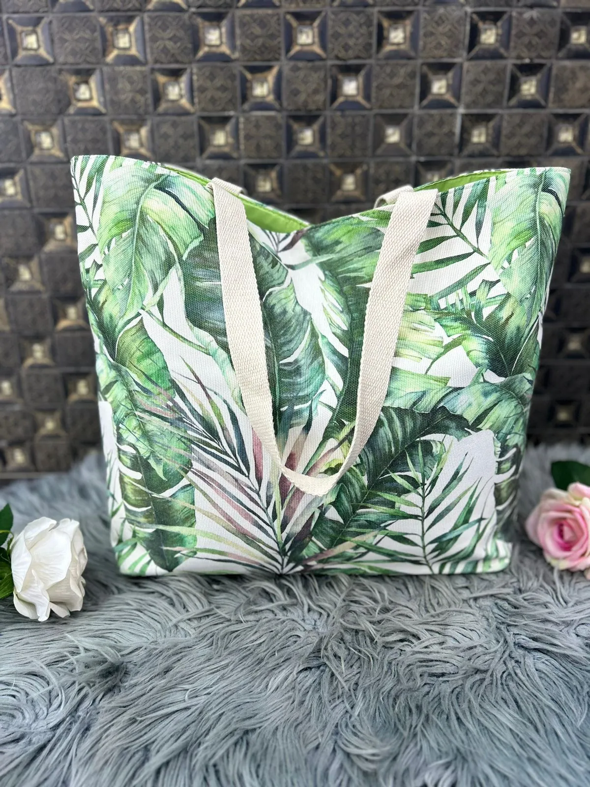 Green floral beach bags