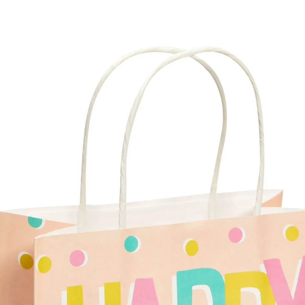 Happy Birthday Paper Gift Bags with Handles, Bulk for Party Favors (4 Designs, 24 Pack)