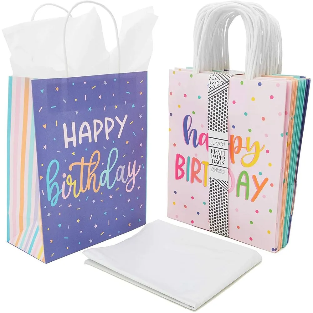 Happy Birthday Paper Gift Bags with Handles, Bulk for Party Favors (4 Designs, 24 Pack)