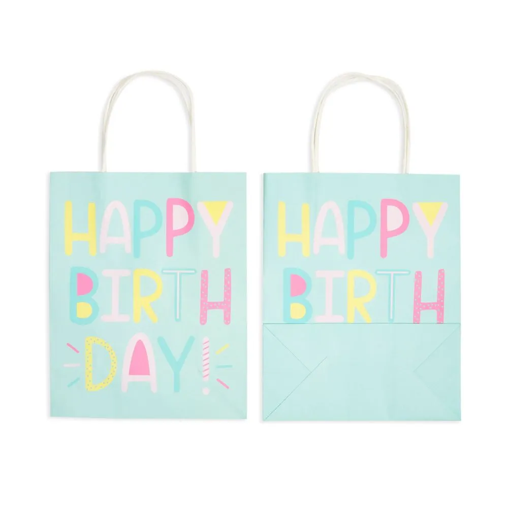 Happy Birthday Paper Gift Bags with Handles, Bulk for Party Favors (4 Designs, 24 Pack)