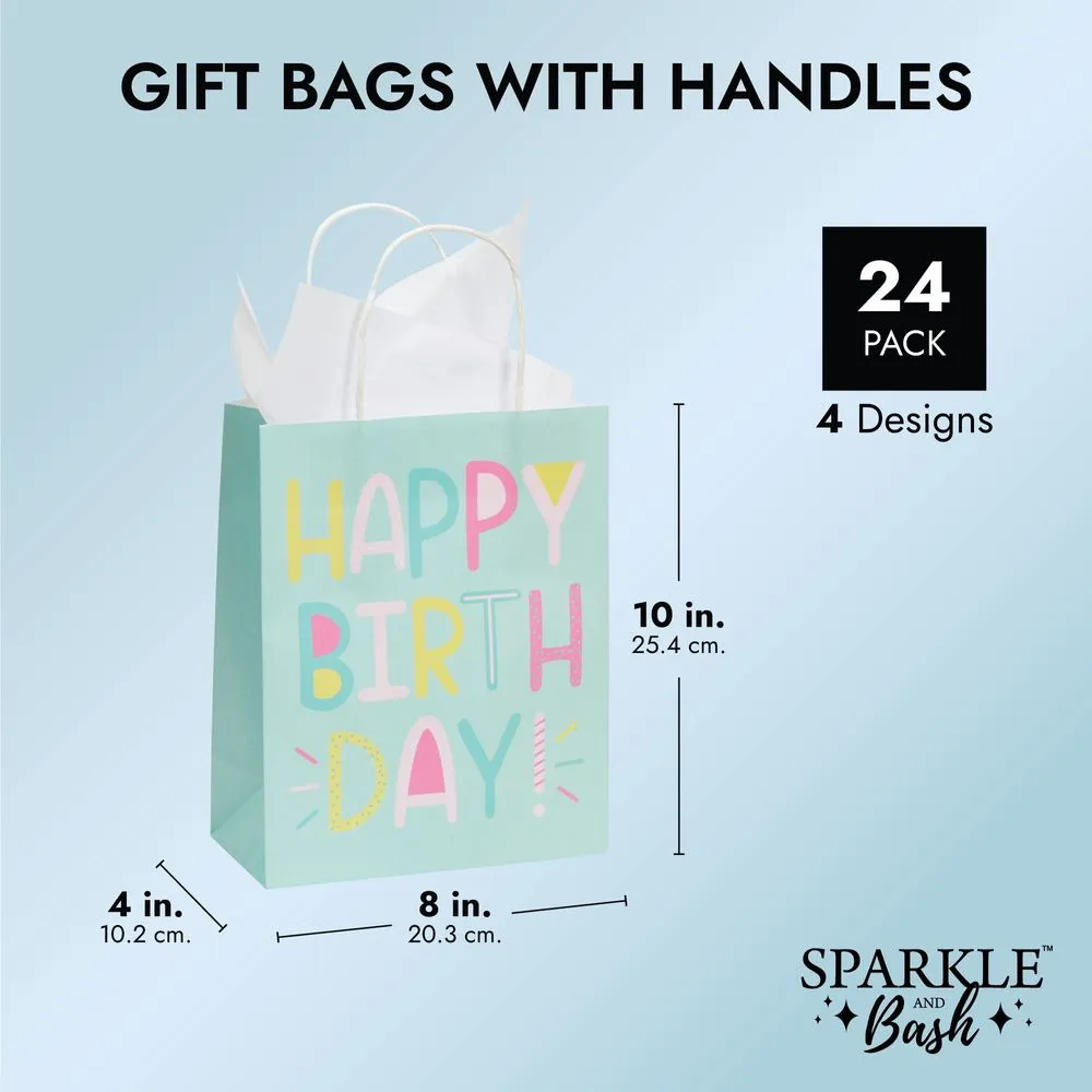 Happy Birthday Paper Gift Bags with Handles, Bulk for Party Favors (4 Designs, 24 Pack)