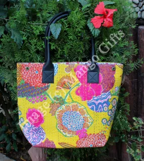 Kantha Yellow Tota/Tote Bag Hand Stitch Shopping Bag