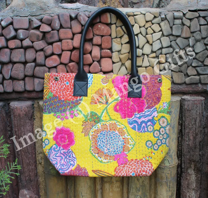 Kantha Yellow Tota/Tote Bag Hand Stitch Shopping Bag