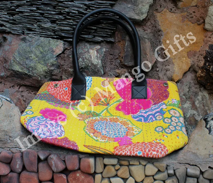 Kantha Yellow Tota/Tote Bag Hand Stitch Shopping Bag