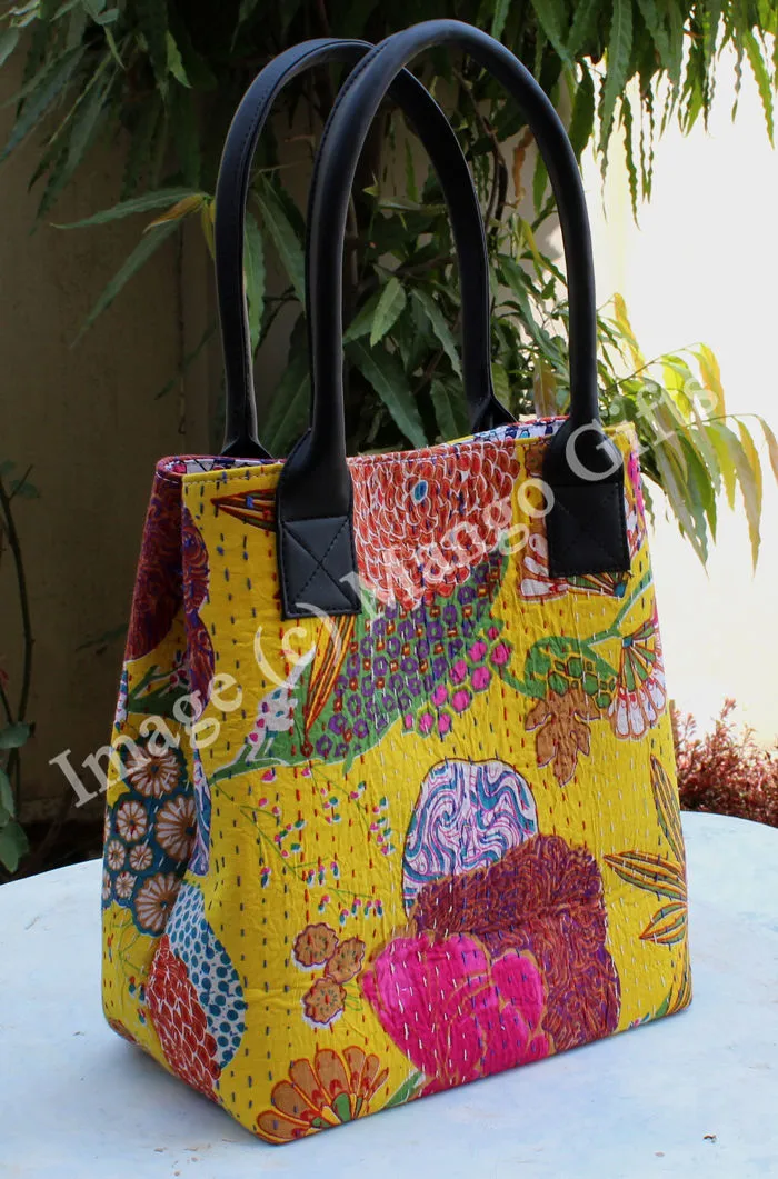 Kantha Yellow Tota/Tote Bag Hand Stitch Shopping Bag